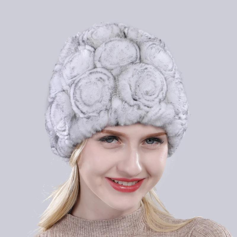 New Arrival Flowers Real Fur Hats Winter Russian Women Natural Rex Rabbit Fur Caps Lady Genuine Rex Rabbit Fur Beanies Cap