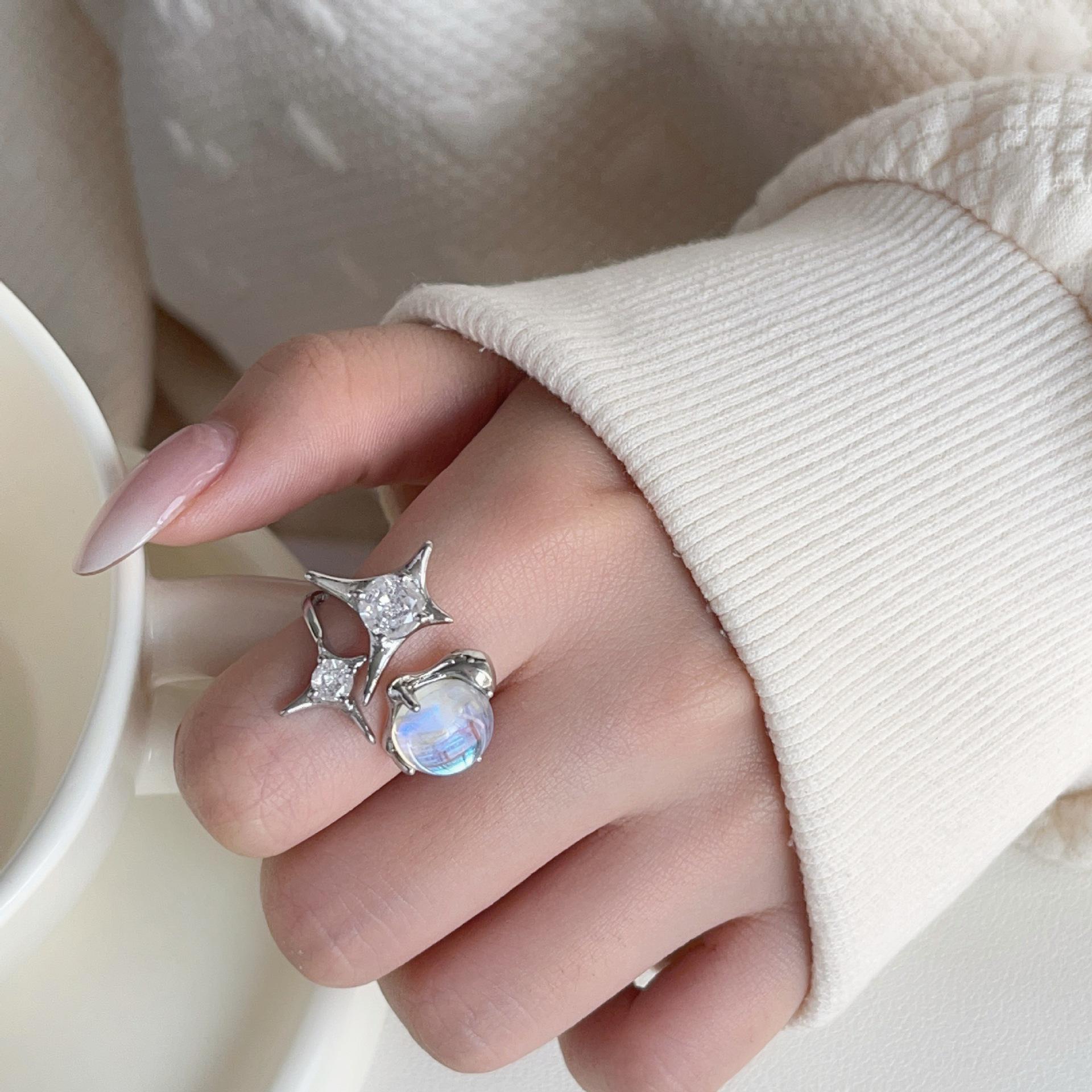 Influencer Starry Moonstone Ring with Iridescent Diamond Star Design Adjustable Opening