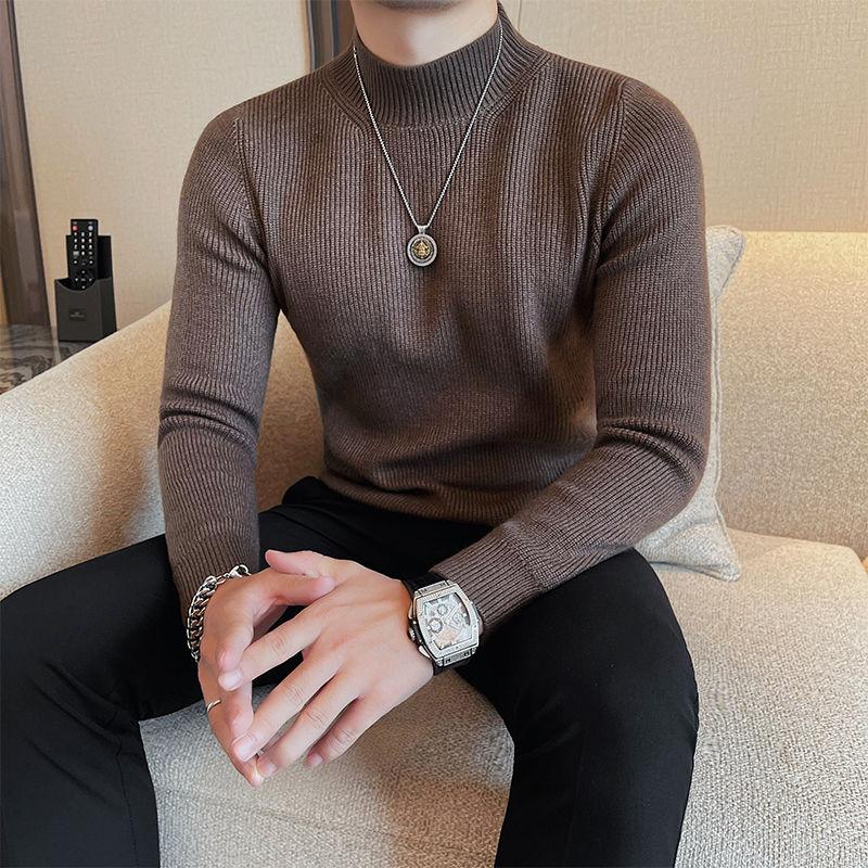 Half Turtleneck Sweater Men with Striped Wool In Autumn Winter Thickened Slightly Loose Base Knitted