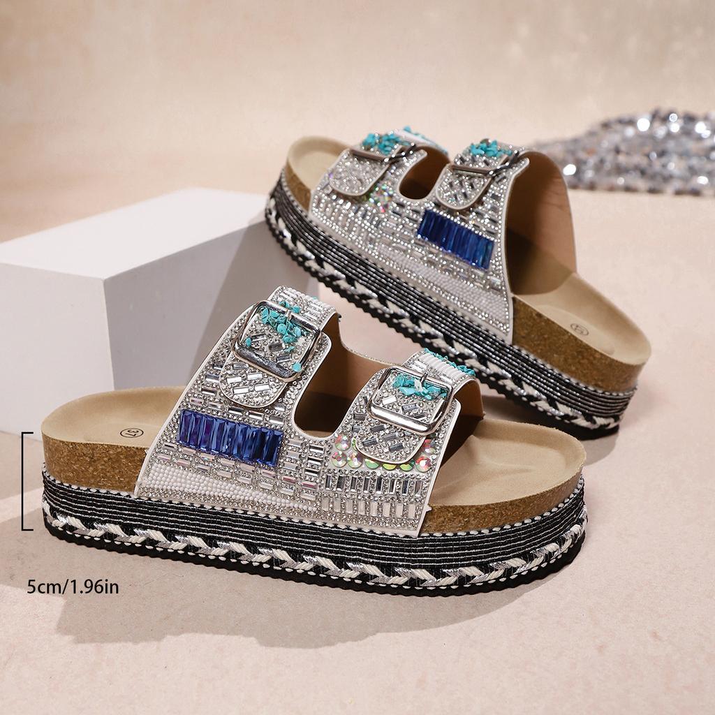 2025 nouvelles pantoufles de plage à semelle épaisse en corde de chanvre à double boucle et strass pour le commerce extérieur, grande taille pour femmes, style européen et américain