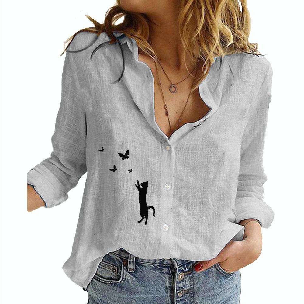 Dammode Kattryck Skjorta Kvinnlig Casual Bomull Linne Långärmad Topp Plus Size Lös Knapp Blusar
