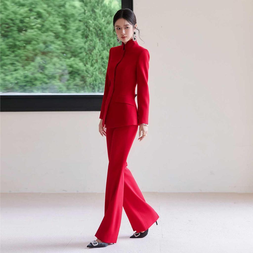 Women's Elegant Chinese Red Suit - 2025 Acetate Formal Wear for Banquets & Events