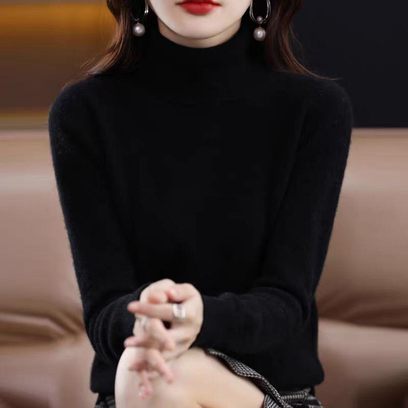 Turtleneck Cashmere Sweater for Women's Spring Autumn and Winter Casual Long-sleeved Pullover Solid-color Knitted Sweater and Slim Lapel Top