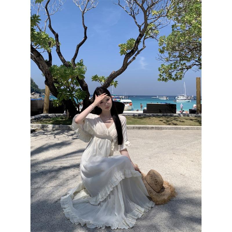 French Retro Mori Collar Halter Ruffle Edge Dress Summer Seaside Vacation Big Swing Dress Long Dress Fairy