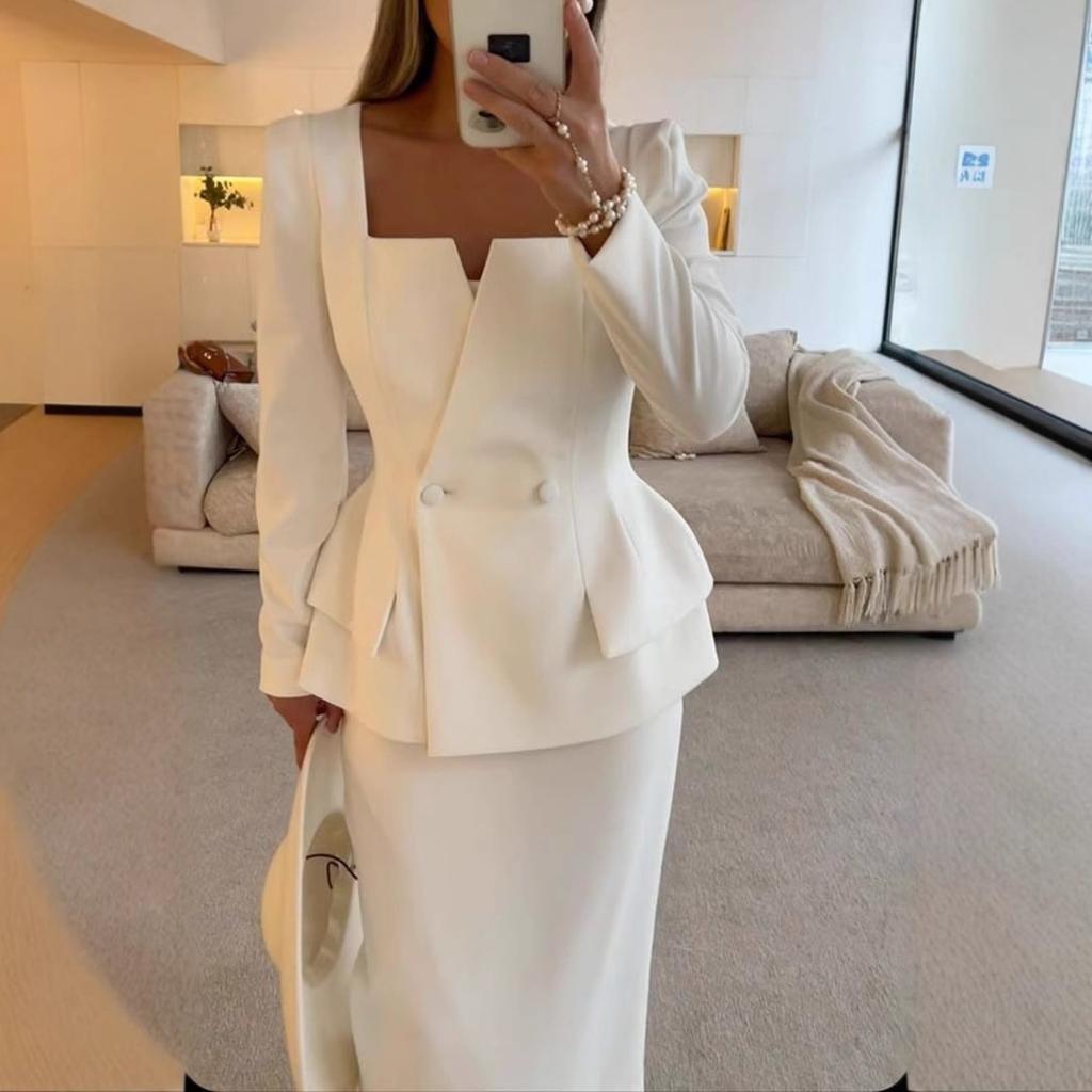 Women's Loose Skirt Suit Long Sleeve Blazer High Waist Midi Skirt Solid Office Matching Co-ord Set