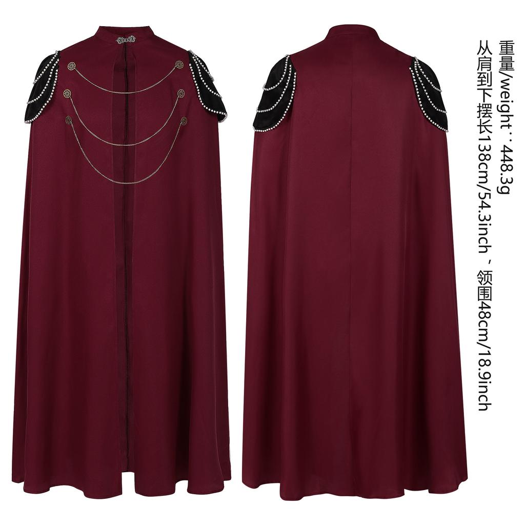 Medieval European Royal Cloak with Shoulder Pads, Men's and Women's Retro Bead Curtain, Gear Chain Hooded Cloak Performance Dres