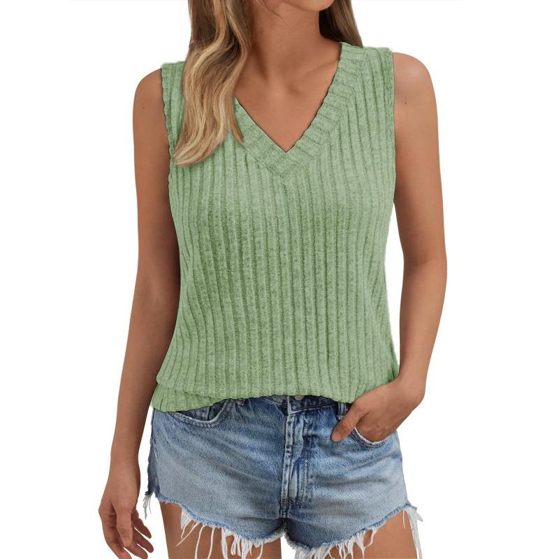 Spring and Summer V-neck Sleeveless Top Solid Color Pit Stripe Women’s Knitted Vests