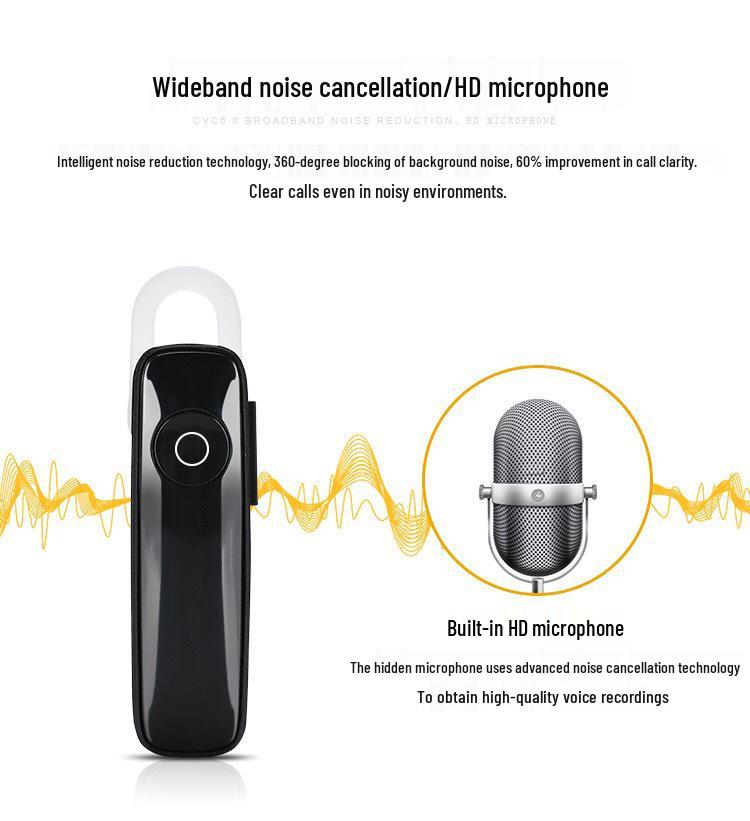 New Bluetooth Noise Cancelling Single Ear Headset with Mic & Ear Hook - Car Phone Wireless Earphones