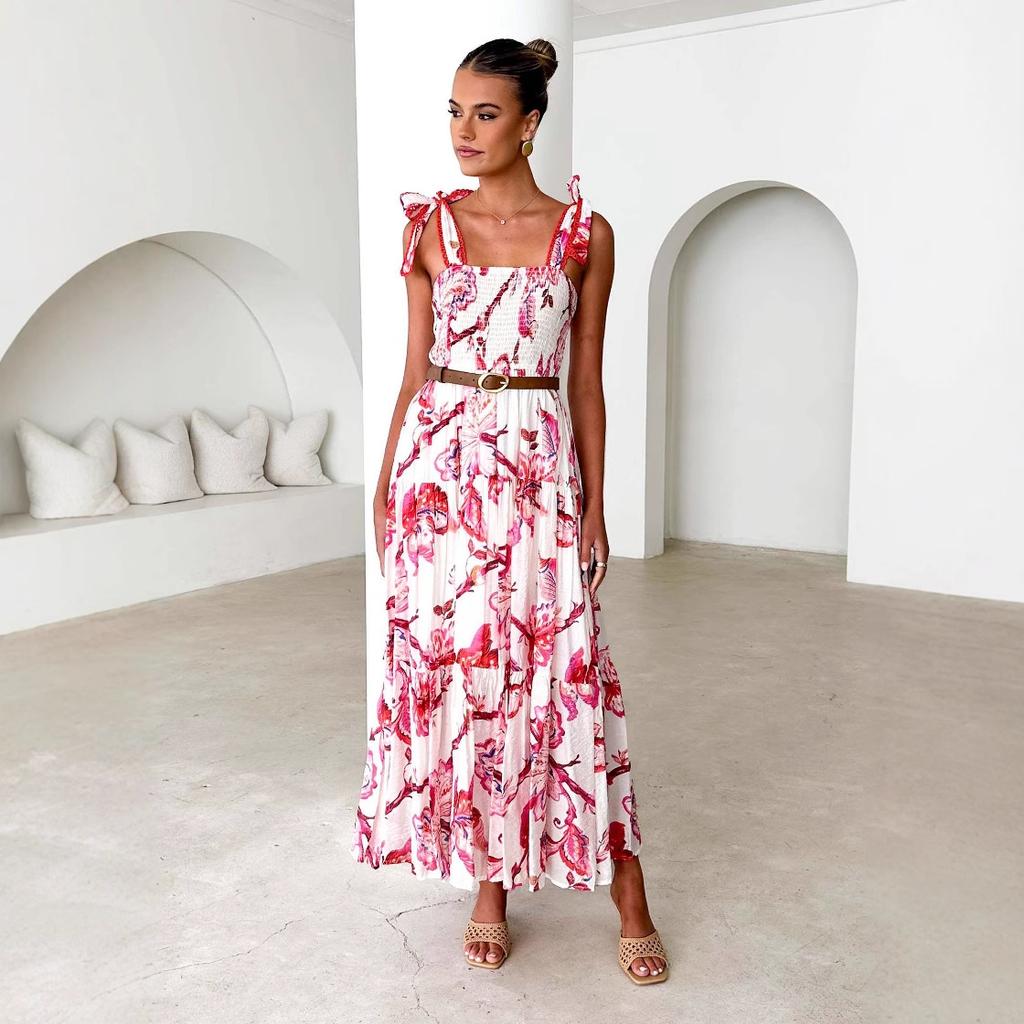Spring and Summer Women's Clothing Suspender, Elastic Waist, Shoulder Strap, Big Pendulum, Long Printed Dress, Skirt Women