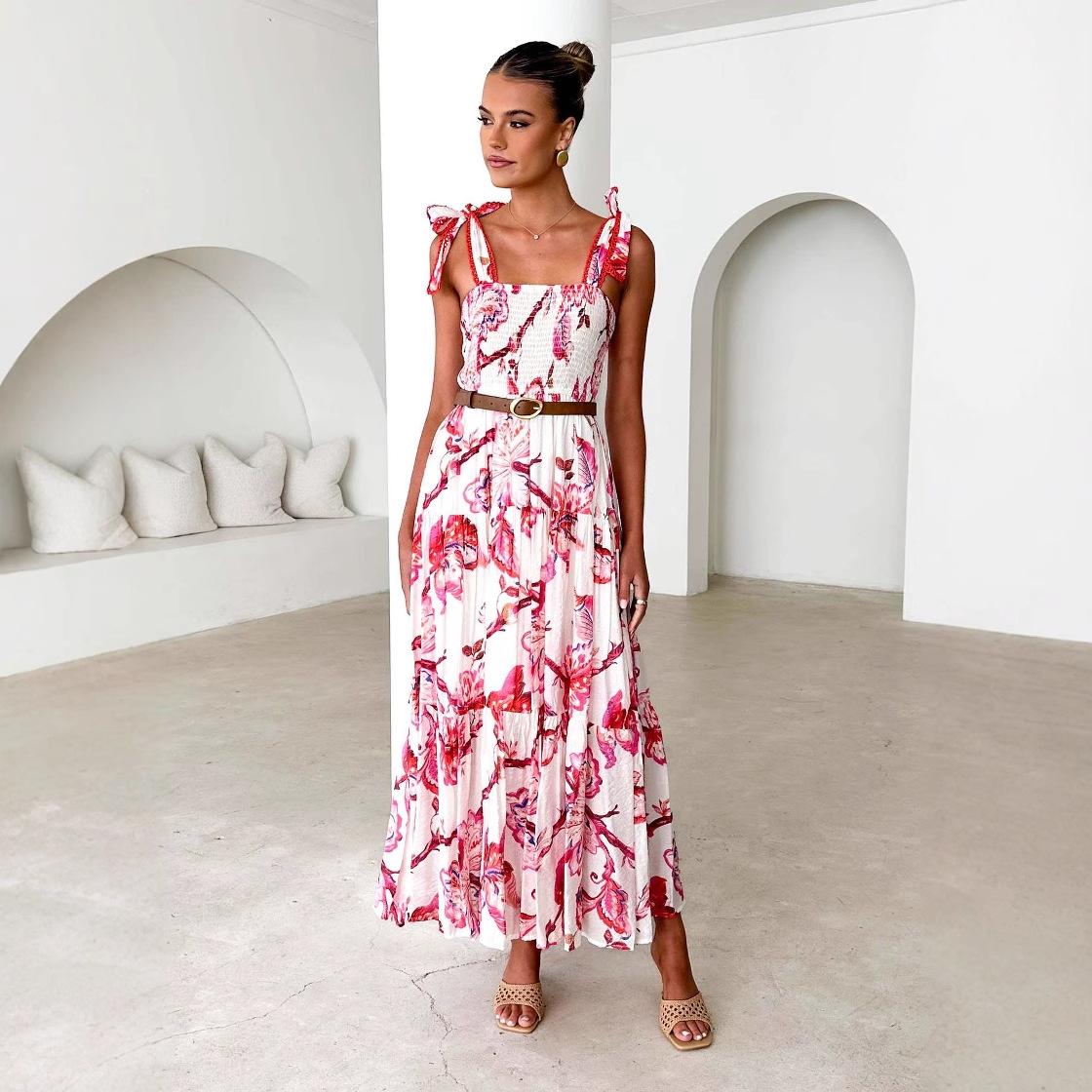 

Spring and summer women s clothing suspender, elastic waist, shoulder strap, big pendulum, long printed dress, skirt women XL