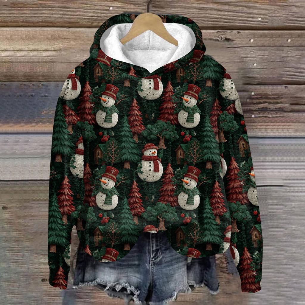 Women's Fashion Long Sleeve Christmas Print Loose Hooded Sweatshirt Top