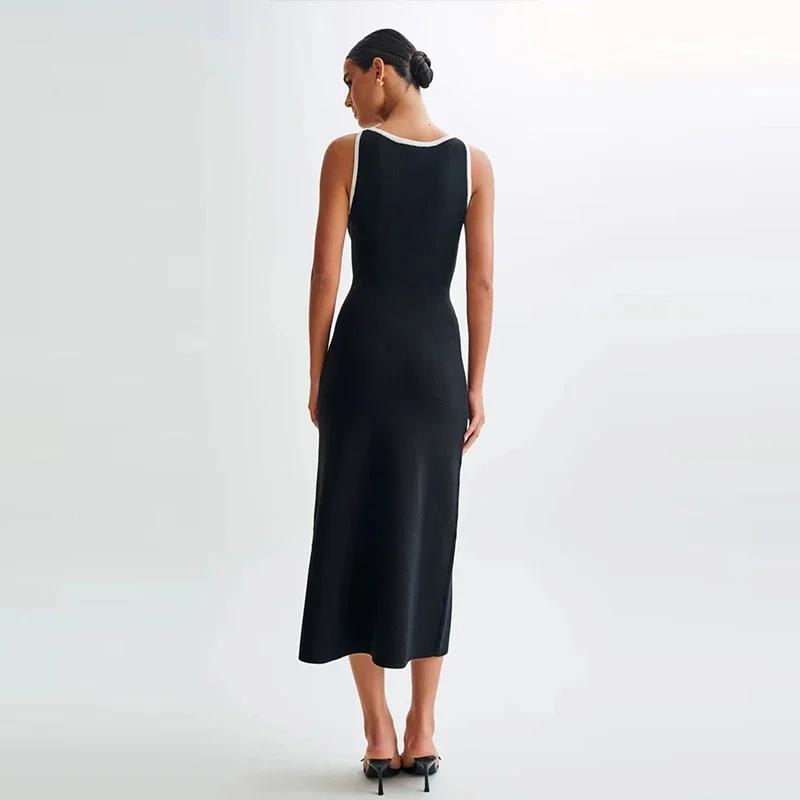 Elegant Knitted Long Dress Women Slim O-neck Single Breasted Sleeveless Contrast Dresses Early Autumn Office Lady Robes