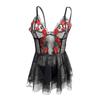 Damen Sexy Schwarzes Netz Sling Schlafkleid Set Mit Bedrucktem Spaß Set