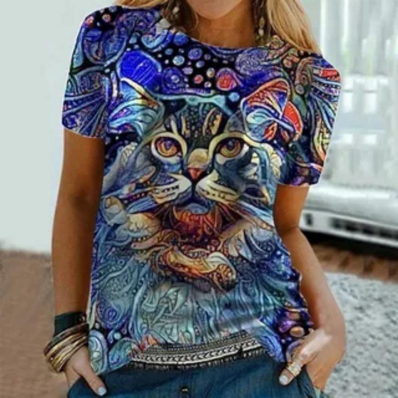 Summer Round Neck 3D Painted Cat Print Top Fashionable Casual Short Sleeved Women's T-shirts
