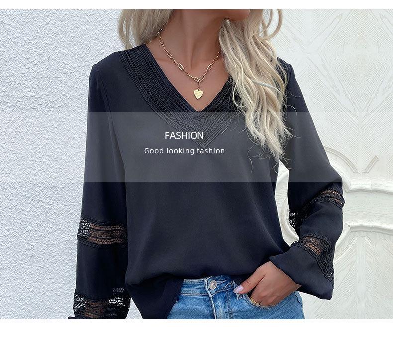 2022 Lace Patchwork Long Sleeve V-Neck Blouse - Women's Spring & Autumn Fashion