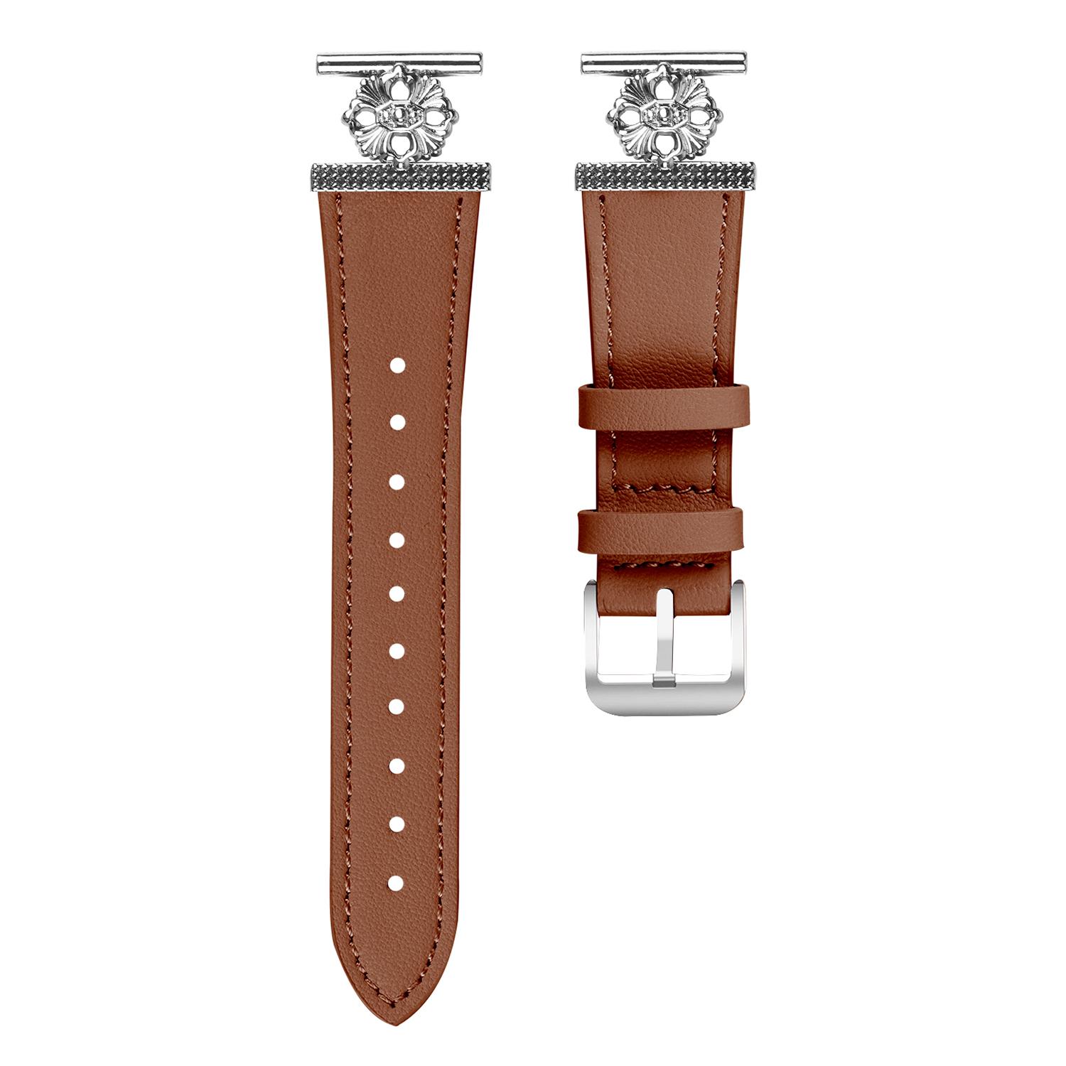 

For Garmin Vivomove Trend/Venu Sq 2 Watch Band Genuine Cow Leather Flower Decor Adjustable Strap Brown