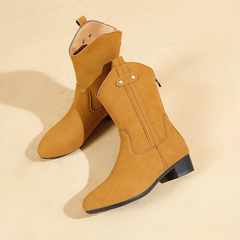 Mode Kuhvelours Stiefeletten Damen Hohe Qualität Runde Zehenpartie Slip-on Kurze Stiefel Damen Herbst Flache Schuhe Damen Western Cowboy Stiefel Frau