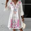 Summer Lady Dress Hollow Out Lace Patchwork Bohemian Three Quarter Sleeves Loose V Neck Printed Pleated Knee Length Vacation Beach Midi Dress