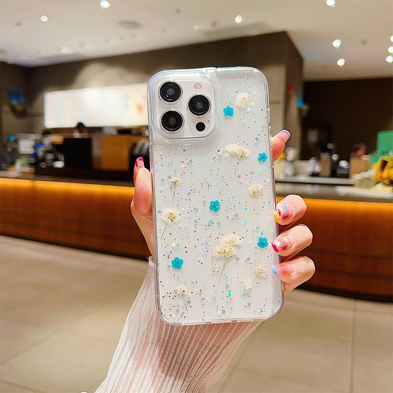 Real Flower Glue Phone Case for IPhone17promax Glitter for Apple 16pro Japanese Ins Small Fresh 15