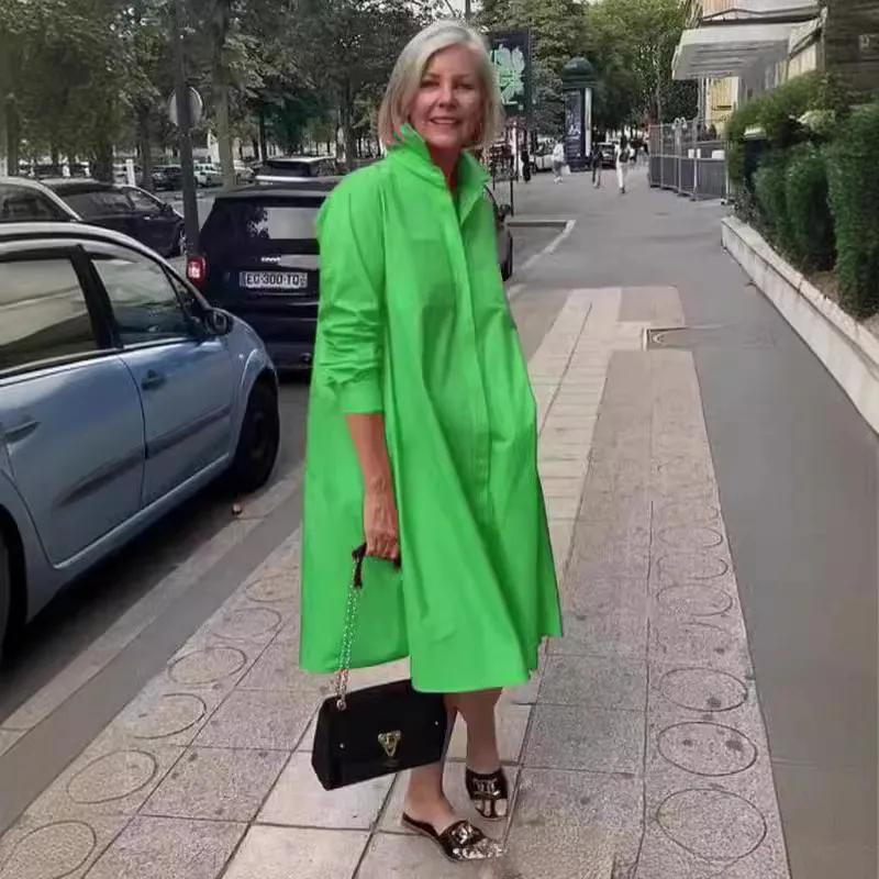 Women's Long-sleeved Lapel Simple Loose Knee-length Shirt Dress