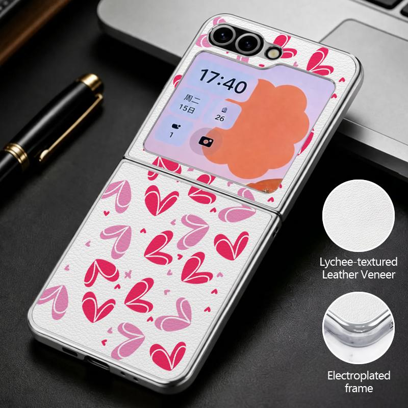 INS Heart Sticker Collage Case For Samsung Galaxy Z Flip 8 7 6 5 Z Flip8 Flip7 Flip6 Hybrid 3in1 Plating Leather Skin Folding Phone Cover