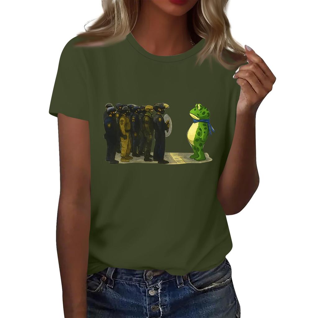 Women's Fashion Casual Printed Round Neck Short Sleeved Pullover T-Shirt Top