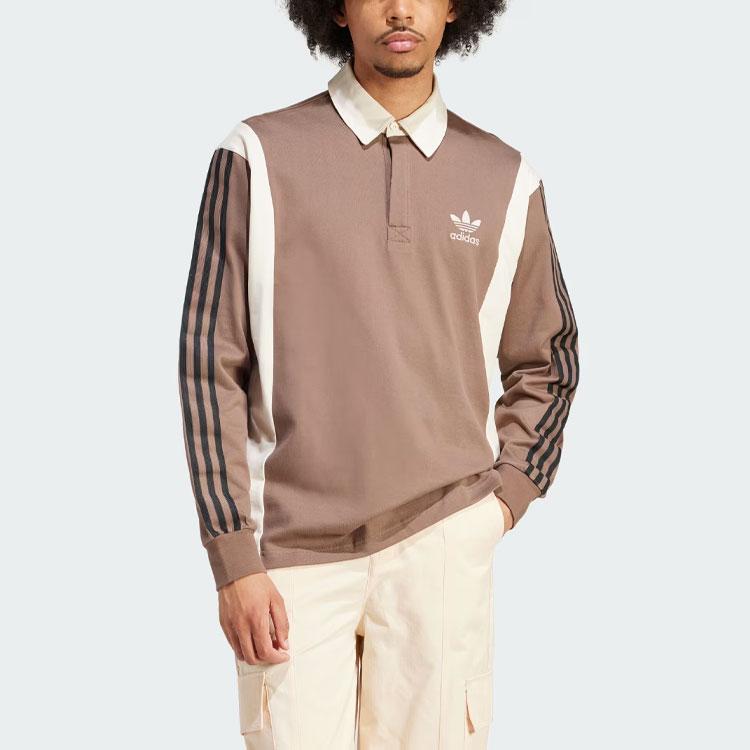 adidas Originals Rugby Shirt Three Stripe Color Block Polo Long Sleeve Vintage Rugby Top Men Tops Brown IS1405