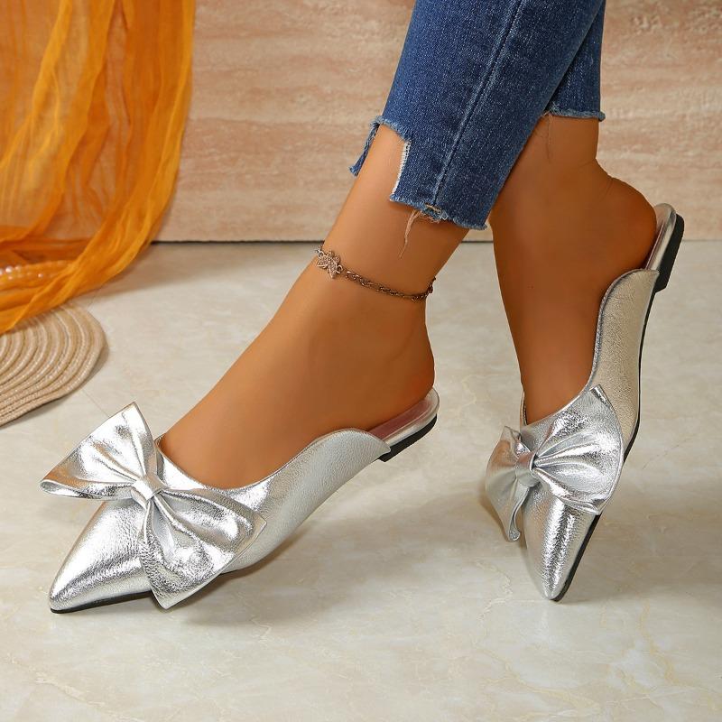 Fashion Summer New Women's Bow Pointed Toe Flat Half Slippers Plus Size Fashion Slip-on Wrap Toe Sandals Outside Wear Soft-soled Mules