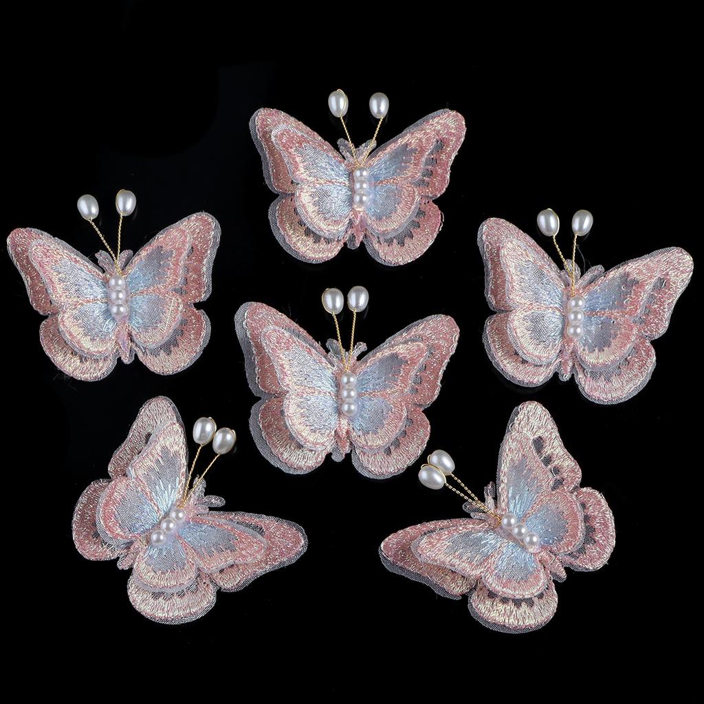 6pcs Double Layer Pearl Mesh Lace Butterfly Patches For Clothes Sewing Supplies DIY Hair Clip Accessories Butterfly Appliques