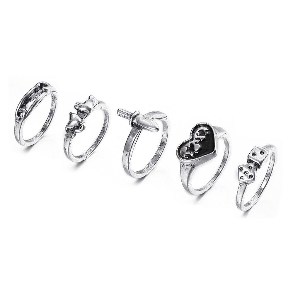 Vintage Black Glaze Zircon Spade Heart Ring Set - 7 Pieces