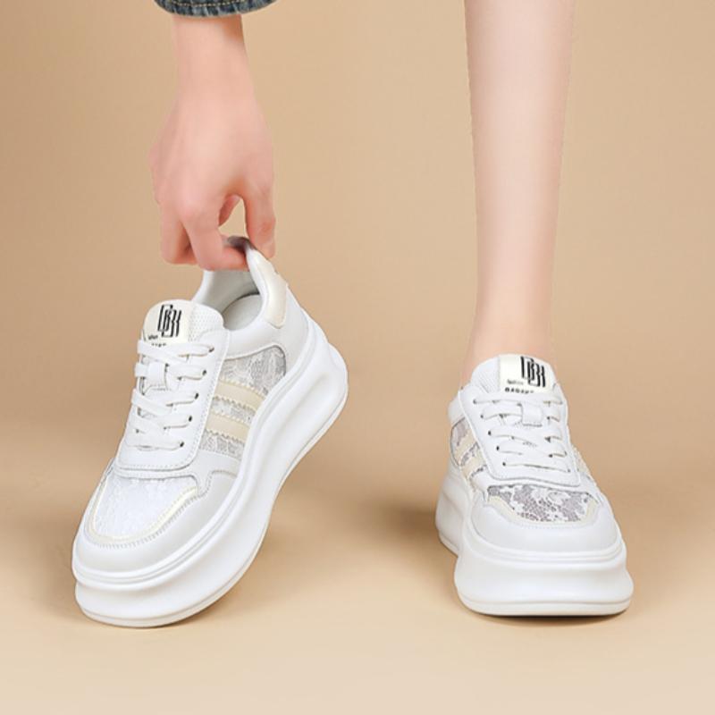 Mesh Breathable White Shoes for Women Spring Thick-soled Platform Thin Casual Shoes Color Matching Lace Sneakers