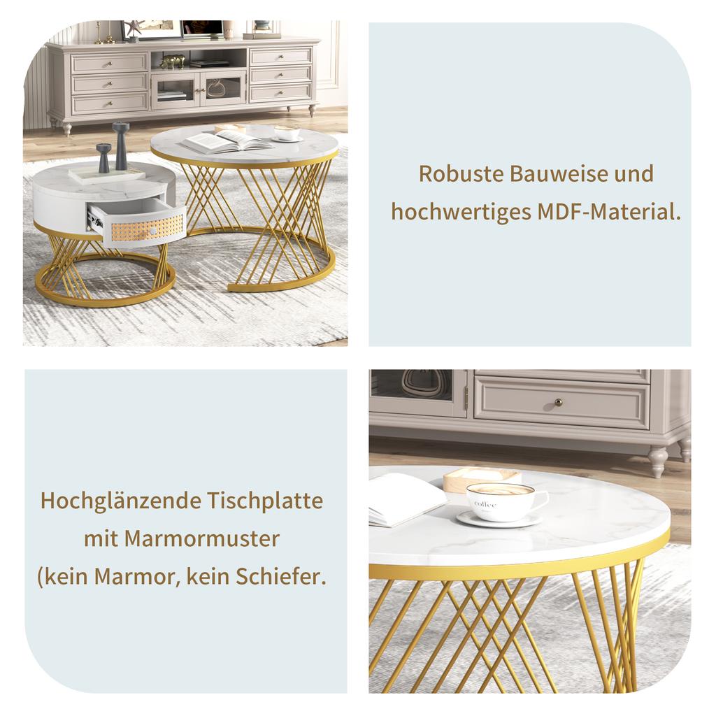 2-in-1 Runder Couchtisch aus MDF, Beistelltisch mit Marmorplatte und Schubladen aus Kunststoff-Rattan, Griffe aus Massivholz. Goldene Eisenfüße.