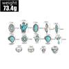 14 pcs/set Ethnic Style Turquoise Rings Cactus Open Ring Creative Bohemia Style Ring  Jewelry