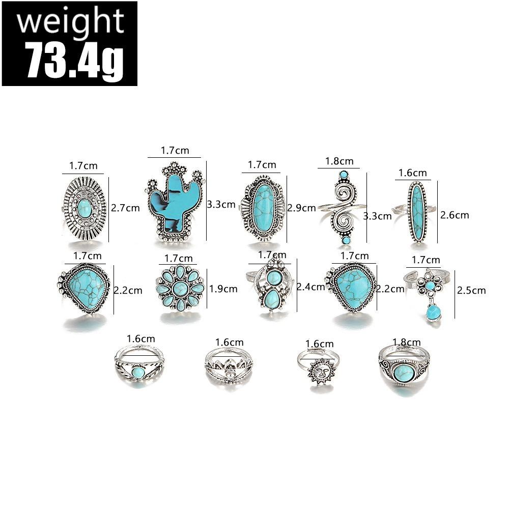 14 Pcs/set Ethnic Style Turquoise Rings Cactus Open Ring Creative Bohemia Style Ring  Jewelry