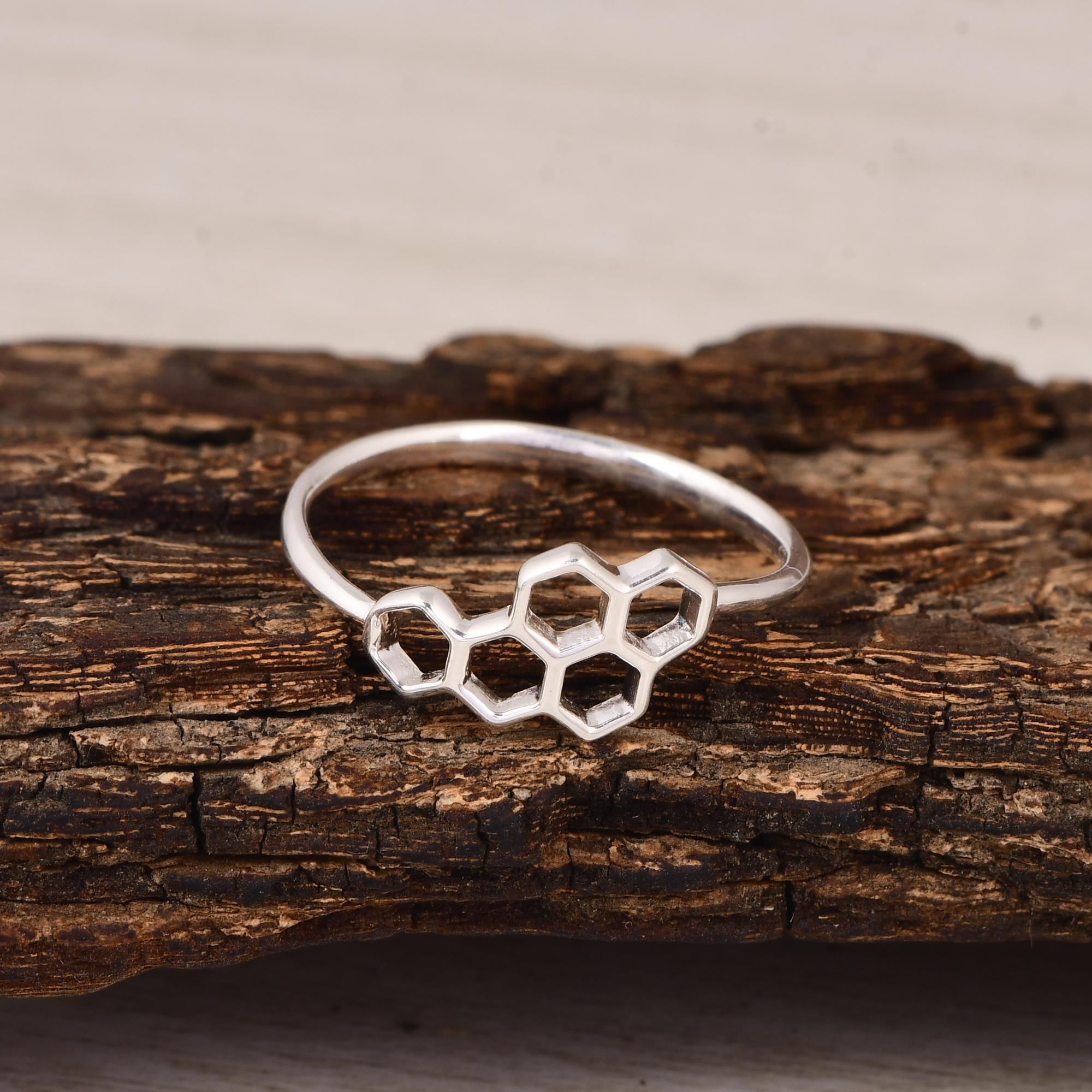 925 Sterling Silver Honeycomb Ring, Hexagon Geometric Ring, Minimalist Honeycomb Band, Beehive Silver Ring, Dainty Nature Inspired Ring, Gift for Her. 5