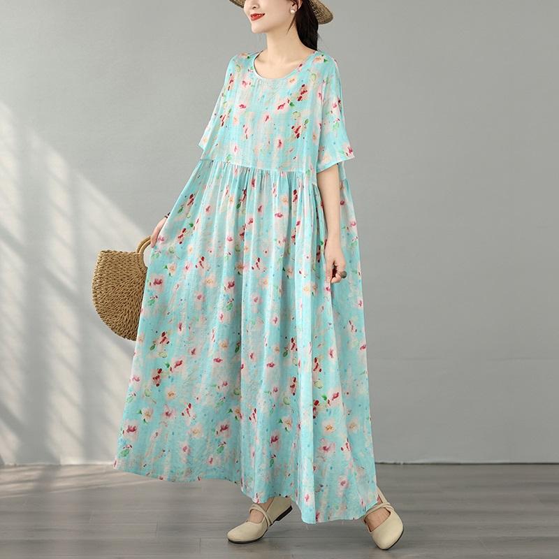 Short Sleeve Plus Size Cotton Vintage Floral New In Dresses for Women Casual Loose Long Summer Dress