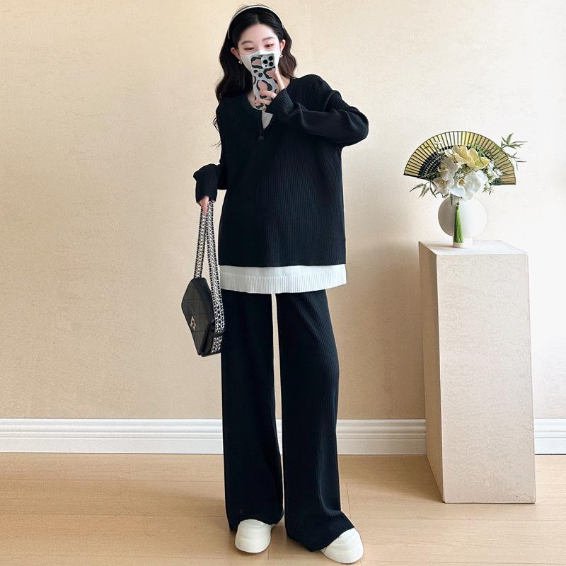 Spring 2026 Korean Maternity Fashion: Faux Two-Piece Knit Top & Wide-Leg Pants Set L