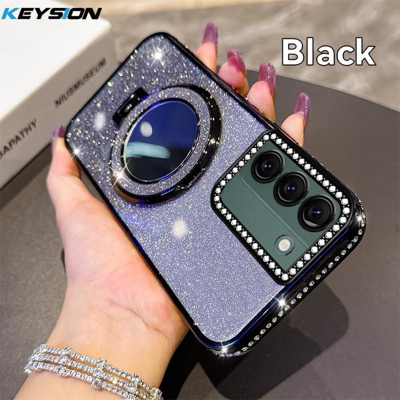 

KEYSION Glitter Jewelled Magnetic Phone Case for Samsung Galaxy S22 Ultra S21+ Plus S20 FE Makeup Mirror Stand Shockproof Cover for Galaxy S22 чорний