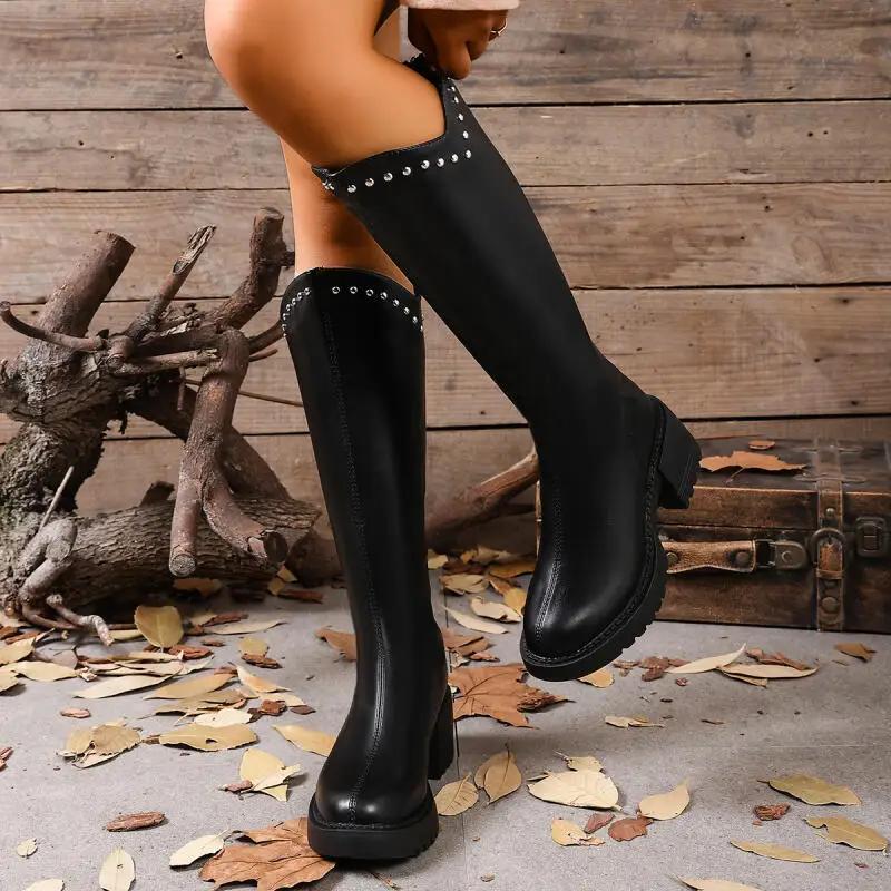 Retro Brown Thick Bottom Long Riding Boots Women 2025 Winter Comfort Platform Thick Heel Western Cowboy Boots Knee High Booties