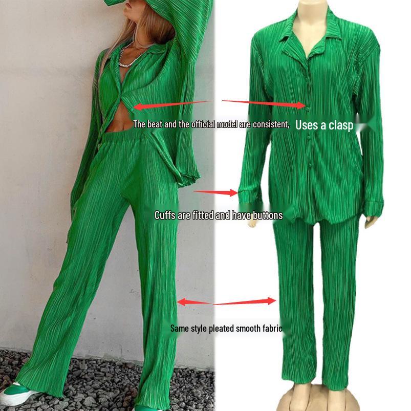 European & American Women's Solid Color Drape Pleated Casual Two-Piece Set - 2025 Spring/Autumn Collection