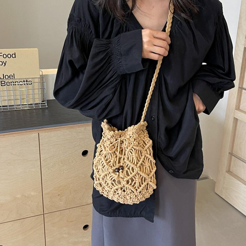 Woven Handbag Fashion Boho Hollow Out Handmade Bucket Crossbody Bag Summer Beach Bag Knitted Phone Pouch