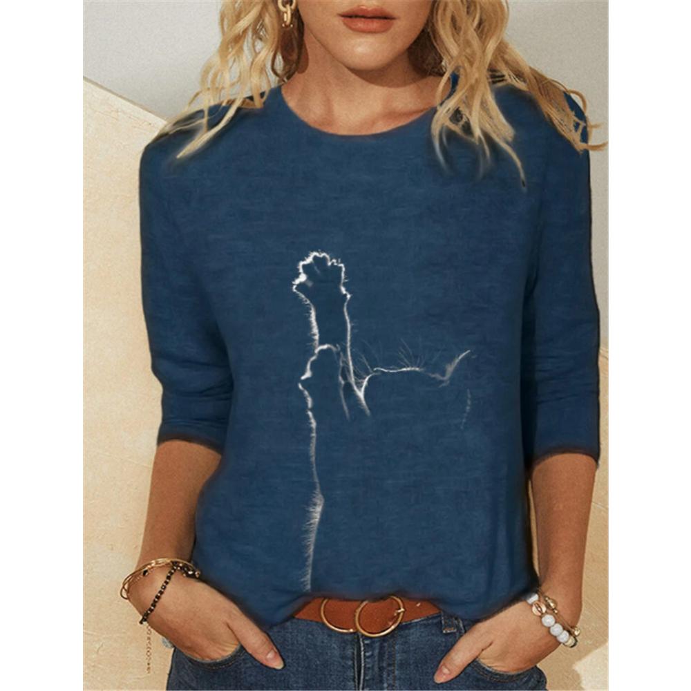 Sommer Høst Dameklær Funny Cat 3D Print Langermede T-skjorter Damemote Oversized Casual Overdeler Vintage Tee Shirt