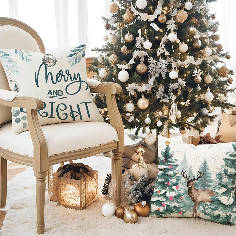 New Christmas Tree Deer Christmas Pillow Cover Linen Printed Pillow Cover Festive Room Sofa Ornament Cushion Cover