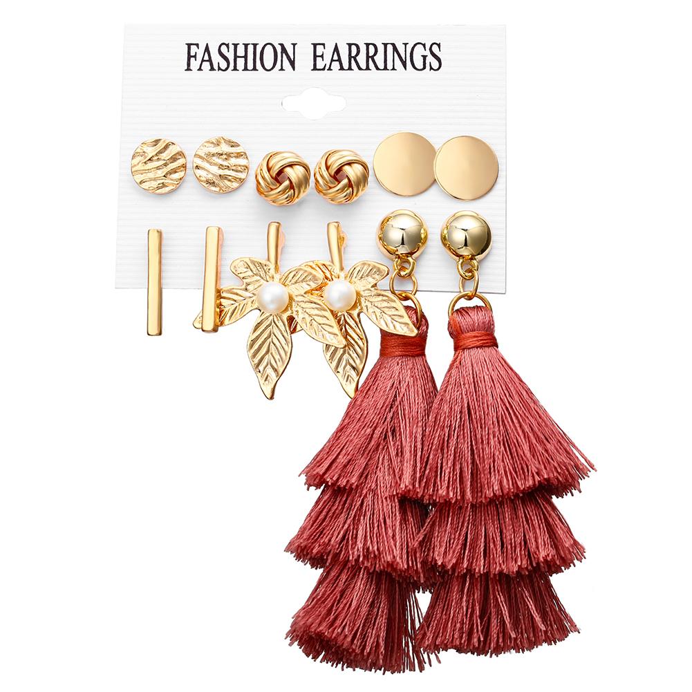 6 pairs Women Fashionable Bohemian Tassels Romantic Earrings Flower Pattern Earrings