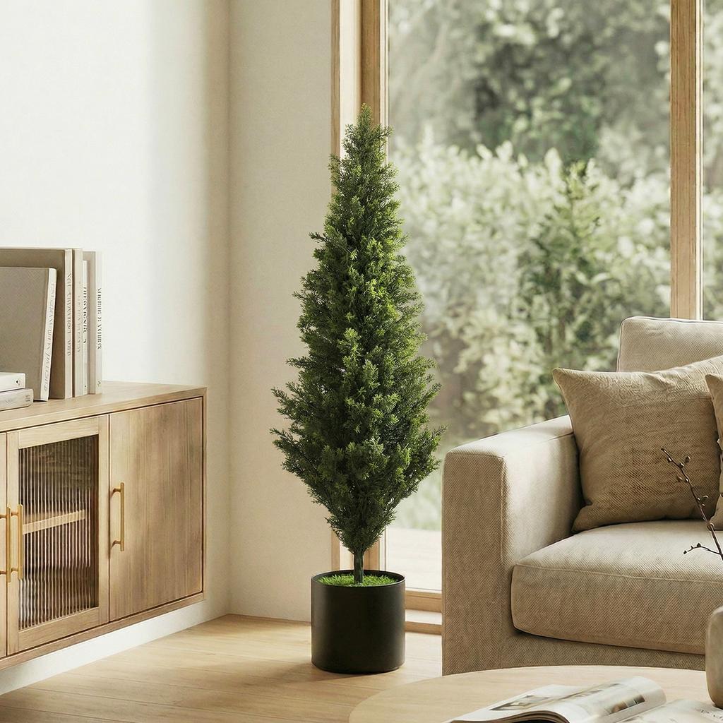 Set of 2 Decorative Artificial Plants Cypress in Weighted Pot, Fake Plant with 1092 Leaves, 120 cm