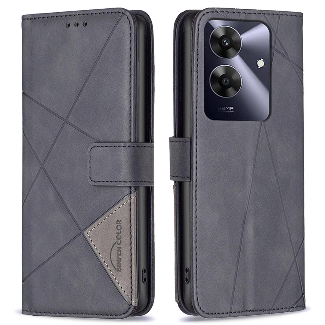 

BINFEN COLOR For Realme Note 60/C61 4G Phone Cases Wallet Stand Geometry Imprinted Leather Cover Black