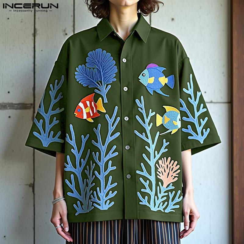 INCERUN Men Lapel Half Sleeve Floral Print Casual Loose Oversized Shirts