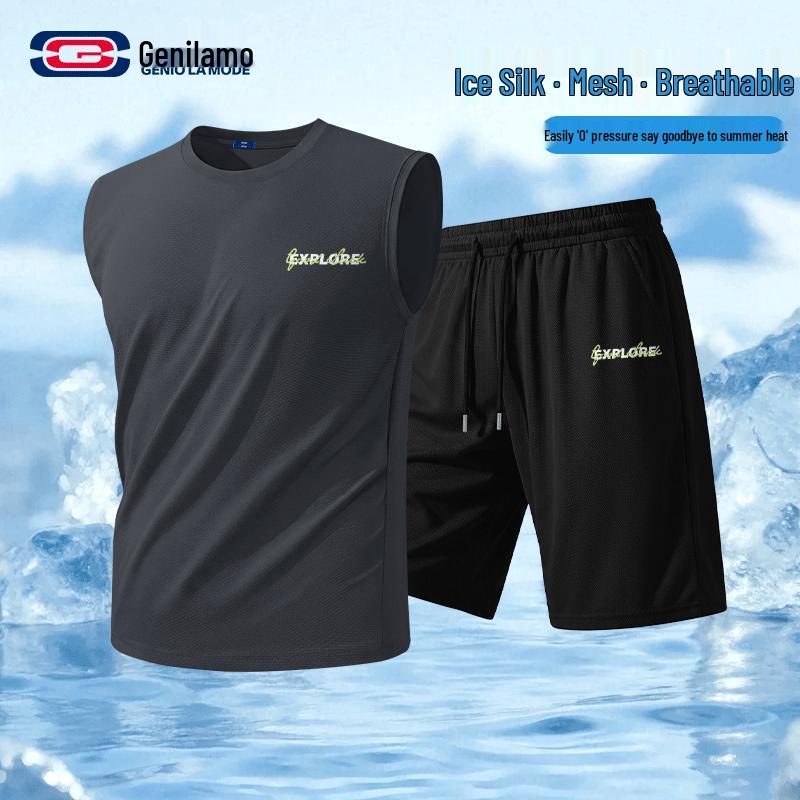 GENIOLAMODE Men s Ice Silk Quick-Dry Sports Vest & Shorts Set L