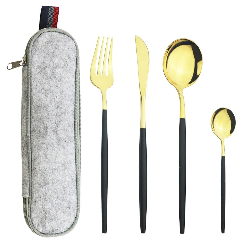 Mátově zelená zlatá sada nádobí Sada příborů na cesty, kemping, nůž, vidlička, lžíce, přenosná šedá taška, sada nádobí z nerezové oceli