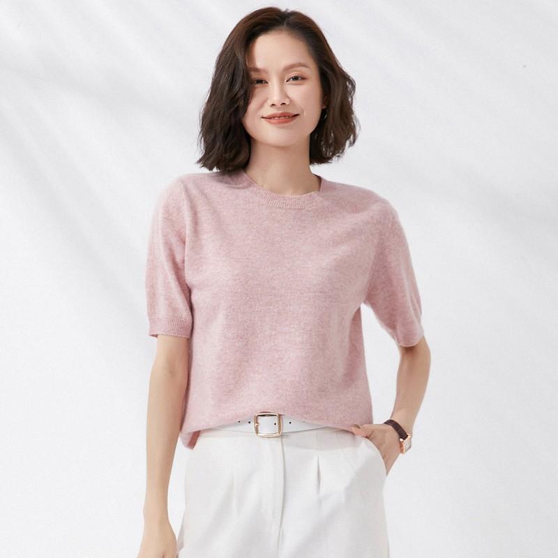 Spring and Autumn Women's T-shirt Knit Shirt Round Neck Simple Temperament Slim Top Solid Color Knitted Bottoming Thin